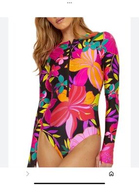 Trina Turk Pink Floral Zip Swim Long Sleeve One Piece